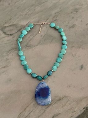 Sterling Silver Beaded Necklace with Blue Agate Pendant